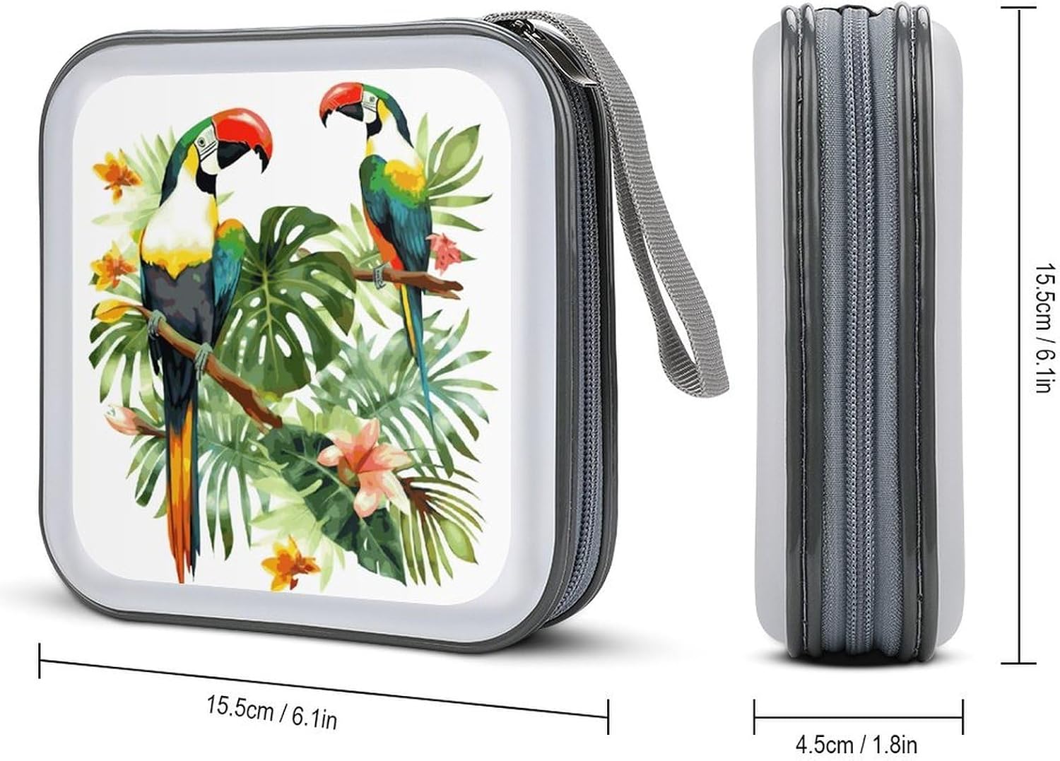 Toucans Parrot Palm Tree Leaves CD Case with Hand Strap Lightweight DVD Wallet Holder 40 Capacity CD/DVD Case Wallet Protective CD Wallet CD/DVD Portable Storage Binder for Car Home Office