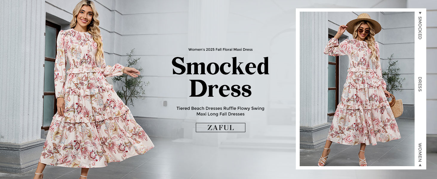ZAFUL Floral Maxi Dress for Women Fall Smokced Dress Long Sleeve Flowy  A-Line Ruffle Tiered Long Midi Boho Dresses(Beige,S) at Amazon Women's  Clothing store