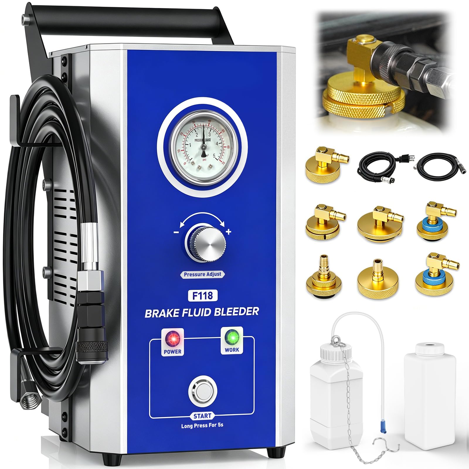 Kit Eléctrico de Purga de Frenos - PARAOUTIL110V/220V Kit de Purga de líquido de Frenos 0~3 Bar con 17 Adaptador Purgador Frenos Dispositivo de Purga de Frenos de vehículo on Modos Lento y rápido