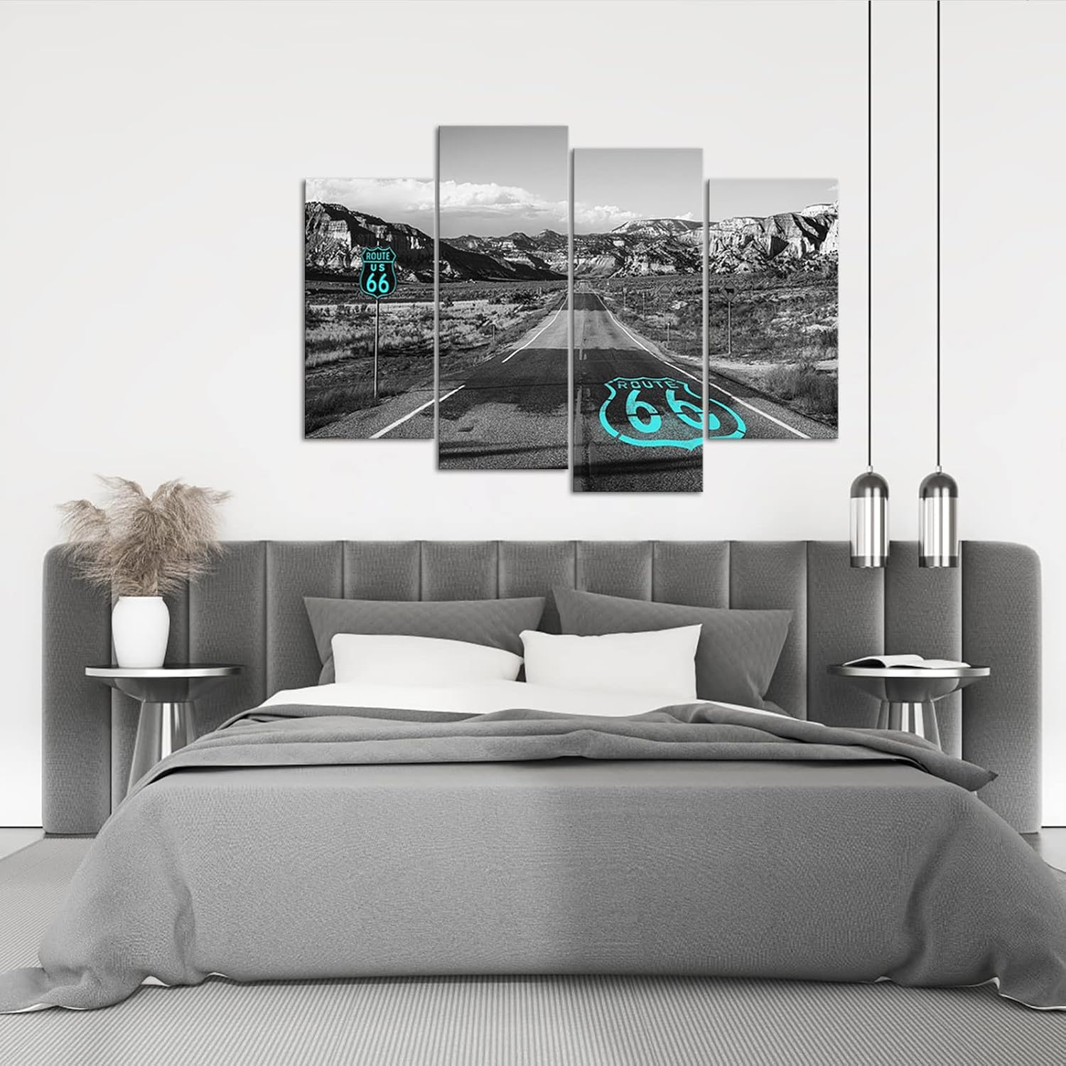 Route 66 Canvas Wall Art California's Mojave Desert Road Scenery Pictures Prints American Wild Western Mountain Painting Decor Framed Black Teal