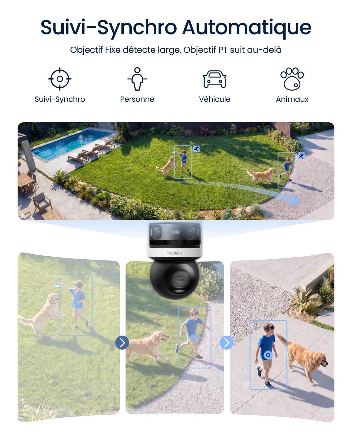 Reolink Caméra de Surveillance à Triple Objectif 10Mpx+8Mpx avec Rotation | Suivi-Synchro et Automatique, WiFi 6 Double Bande, Détection IA, Recherche Vidéo IA Locale, Sans Frais Mensuels, OMVI 3i WiFi
