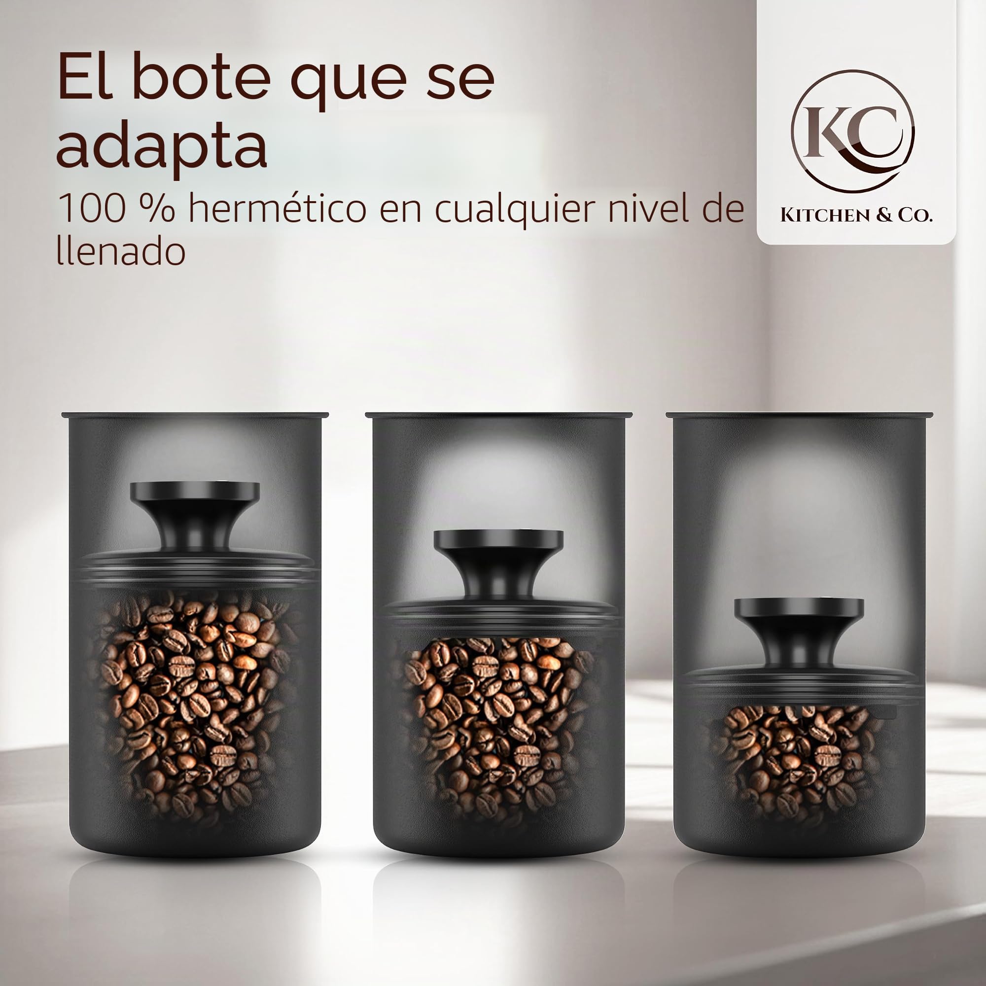 KC Kitchen & Co. Lata de café hermética para 500 gramos de granos de café, de acero inoxidable, con tapa al vacío y cierre de aroma, lata de almacenamiento para café, té, azúcar, cereales, color negro