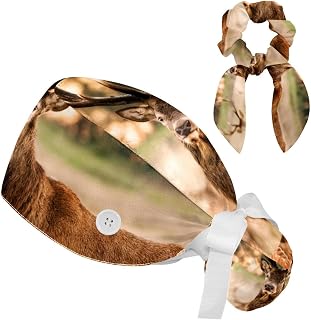 FVQL 2 Pieces Surgical Cap for Long Hair Scrub Cap with Hairband Nurse Cap, Deer Animal Forest Pattern