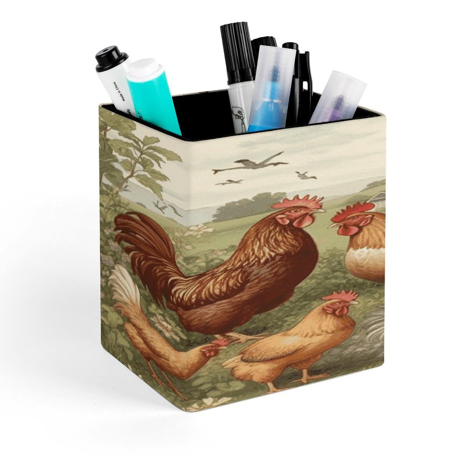 LZQPOEAS Chickens And Farm Square Pen Pencil Holder PU Leather Pencil Cup Desktop Stationery Organizer Office Accessories Container