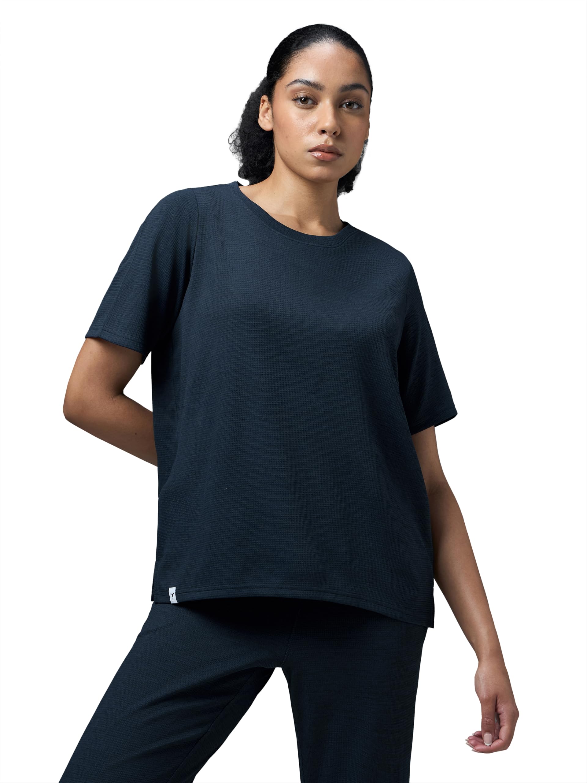 TECHNOSPORT Women's Relaxed Fit Textured Cubixs Crew Neck Half Sleeve T-Shirt with Quick Dry, Anti Microbial Properties for Gym, Sports and Regular Uses