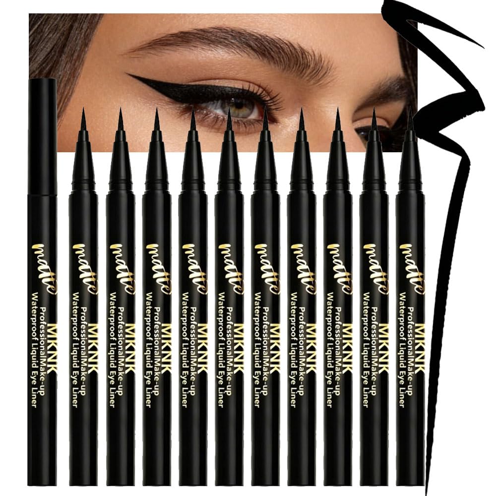 10 Pcs Matte Black Liquid Eyeliner Set Pack, Long Lasting Eye Liner Pens, Waterproof Smudge-Proof High Precision Fine Tip for Winged Liner & Bold Eye Makeup (liquid-matte-black-10 PCS) 10Pcs-Black-Liquid
