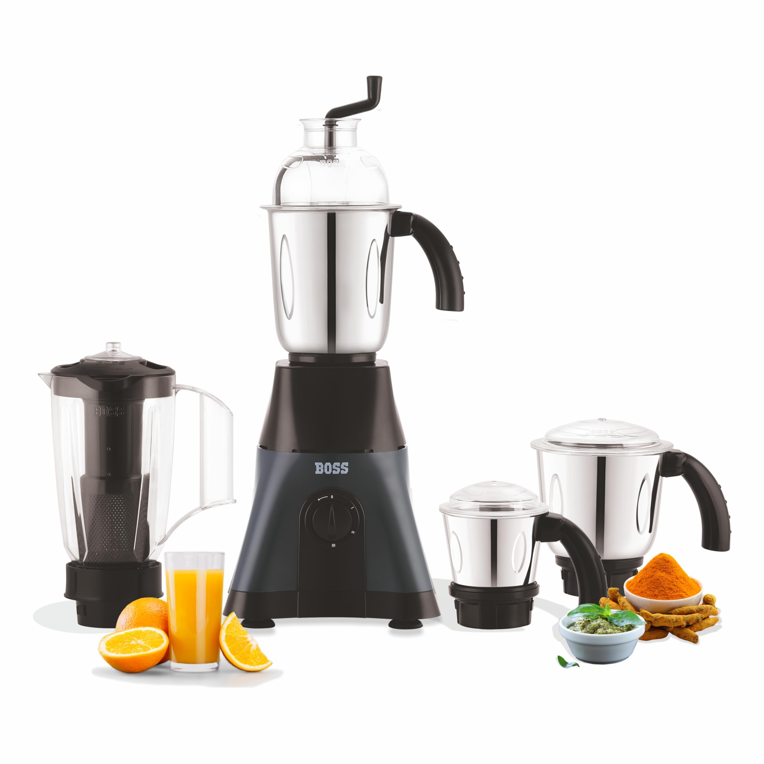 boss cyclone x 750 w mixer grinder with 4 jars (3 stainless steel jars + 1 juicer jar) 4 super efficient stainless blades, 5 years warranty, black, 750 watts