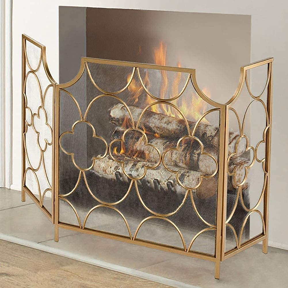 Pare-feu de cheminée autoportant à 3 panneaux pour protéger votre maison - Doré - 130 x 32 x 76 cm