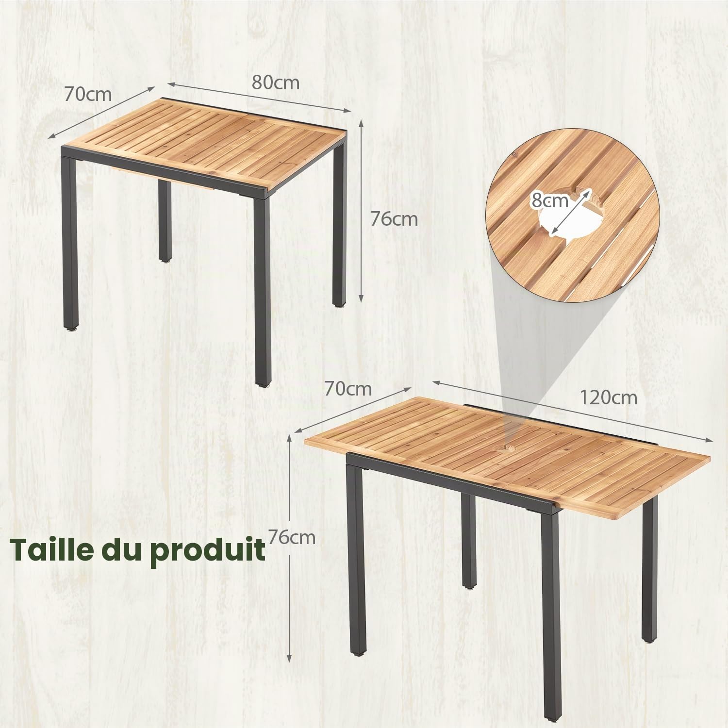 Table Extensible avec Trou Parasol 2-6 pers