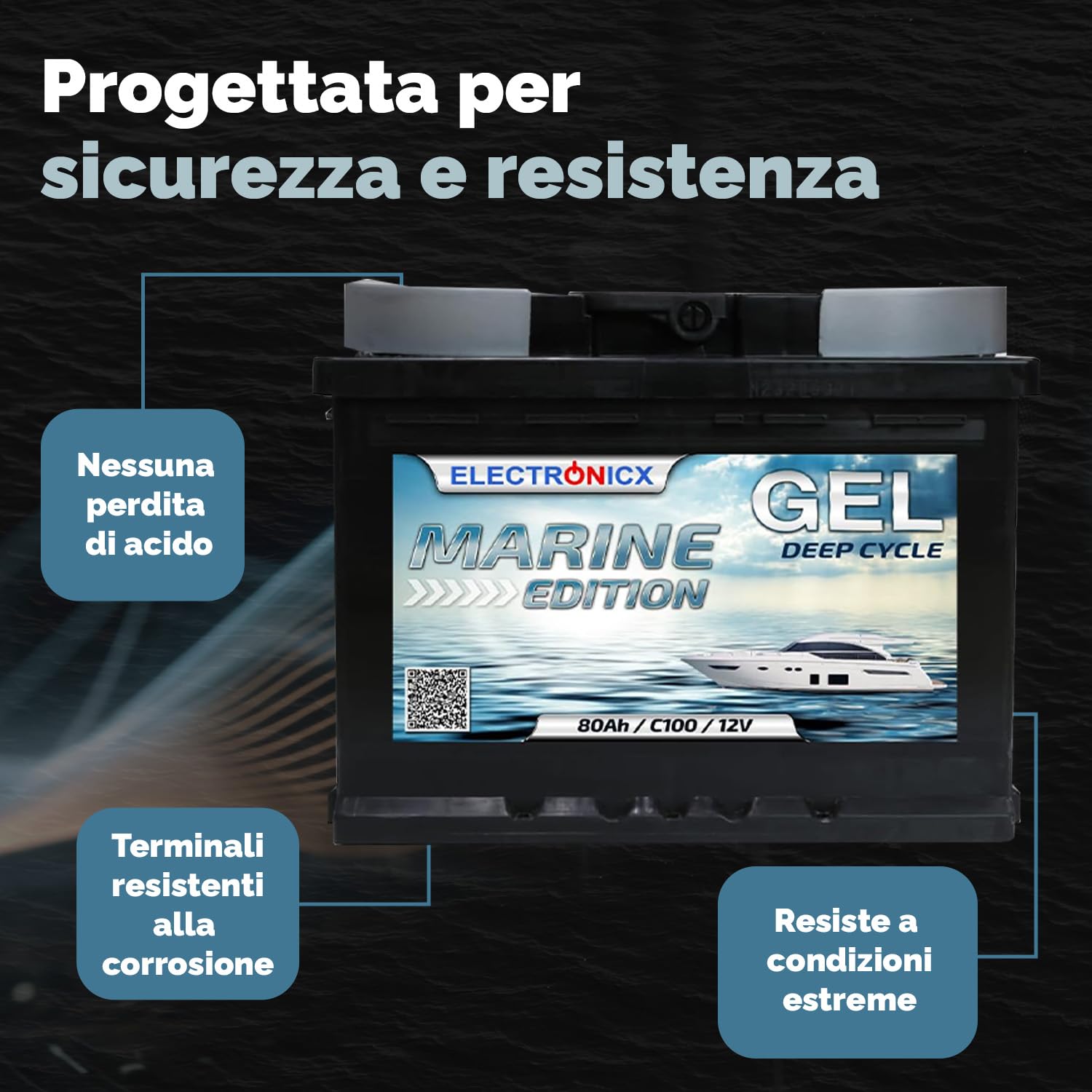 Electronicx batteria di alimentazione 12V 80Ah GEL, 80 AH senza manutenzione & sigillata. Ciclica per solare, barca, camper, carrello elevatore. Dimensioni 242×175×190 mm. Con polo positivo a destra
