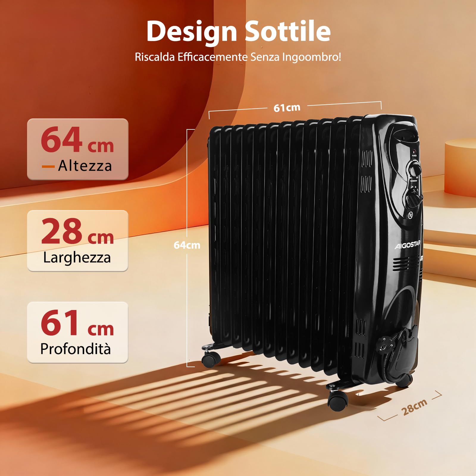 Aigostar Black Forest - Radiatore ad Olio 2500W, 13 Elementi Riscaldatore Elettrico Portatile, 3 Livelli di Calore, Termostato e Spegnimento Automatico di Sicurezza, Silenzioso, 55mq