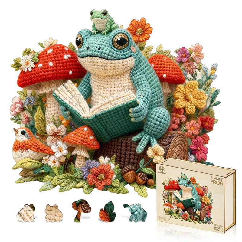 Jigfoxy Wooden Puzzles for Adults, 275-Piece Reading Frog Jigsaw Puzzle, Unique Animal-Shaped Jigsaw Puzzle for Adults and Teens, Creative Gift with Premium Wooden Box,13.5 * 12in โ image 1
