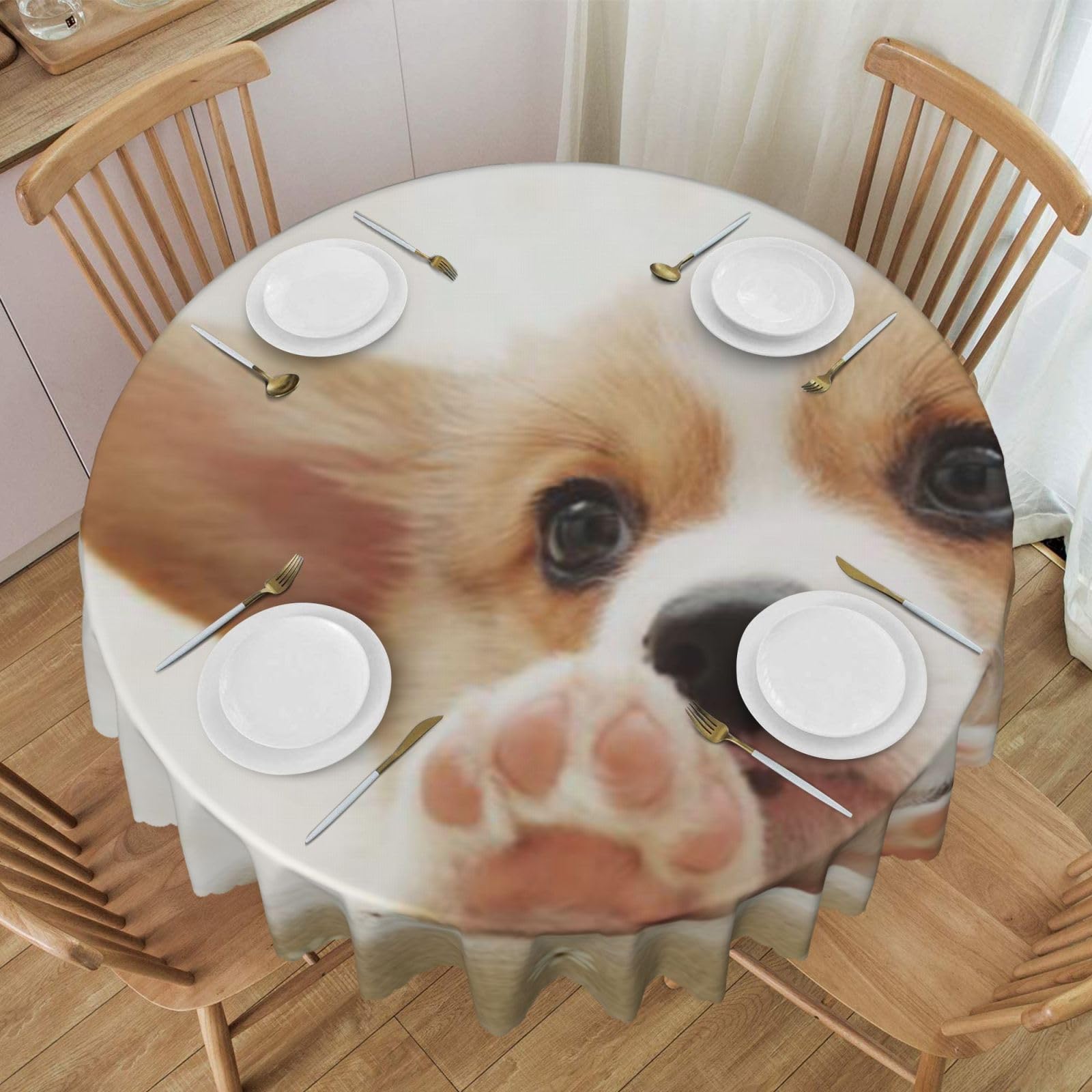 DCEHGEW 60 In Round Tablecloth with Lace, Cute Corgi Printed Oilproof & Washable Fabric Picnic Table Cloth Table Covers