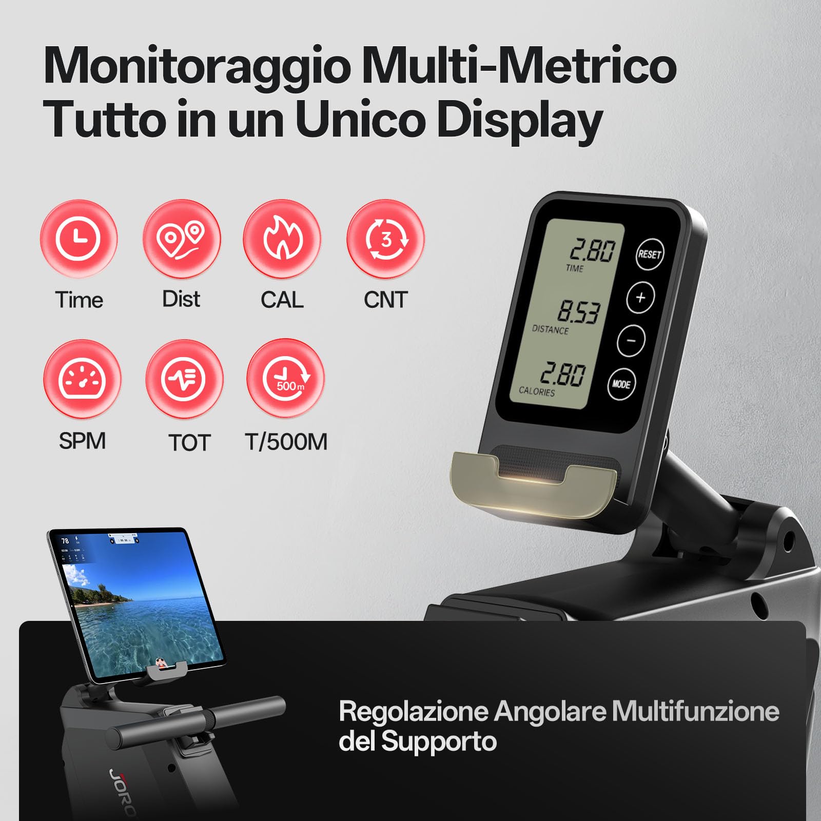 JOROTO Vogatore per Casa, Vogatore Magnetico Silenzioso con Monitor Bluetooth, Carico Massimo 160 KG, Facile da Montare, Stoccaggio Verticale, Salvaspazio