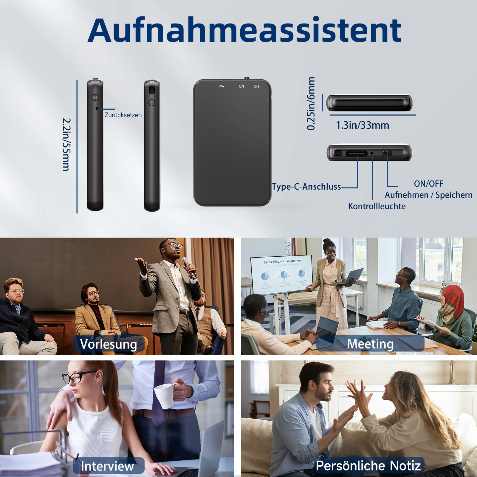 Diktiergerät Mini, Vandlion 32GB HD Aufnahmegerät mit 40 Stunden Aufnahme, USB C Digital Voice Recorder für Meetings Interviews Vortrag Vorlesung Kurse Konferenzen (Nur 5 mm Dünn)