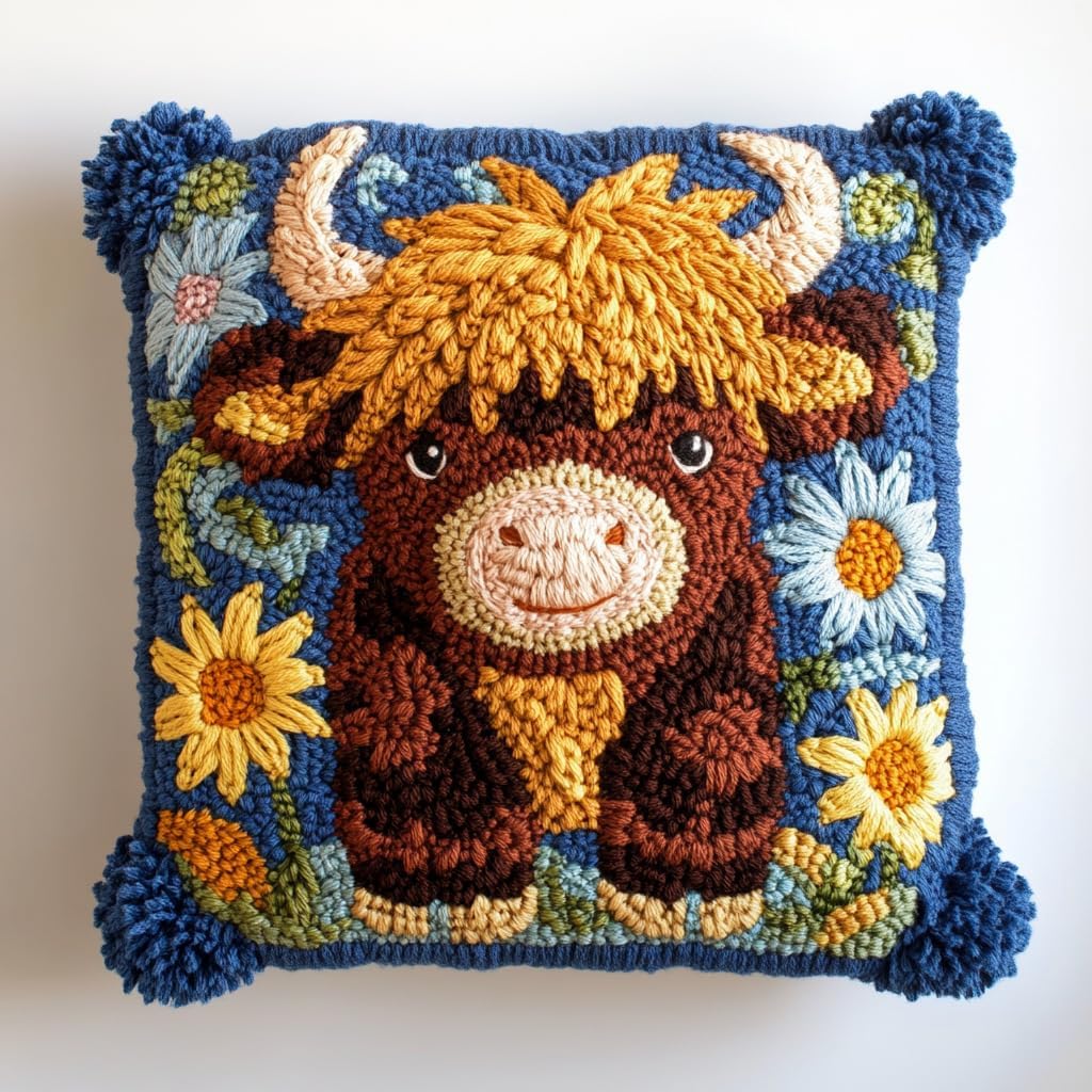 DIY Punch Needle Pillow Kit Cute Highland Cow and Sunflowers with Pattern and Hoop Handmade Embroidery Punch Needle Starter Pillowcase Set for Home Sofa Decor 43x43cm-1-7