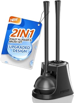 LOVLOY Toilet Plunger and Brush with Holder, Bowl Brush and Heavy Duty Toilet Plunger Set with Ventilated Holder, 2-in-1 Toilet Brush and Plunger Combo for 5.3-inch Toilet Drain New Pack Black, 1