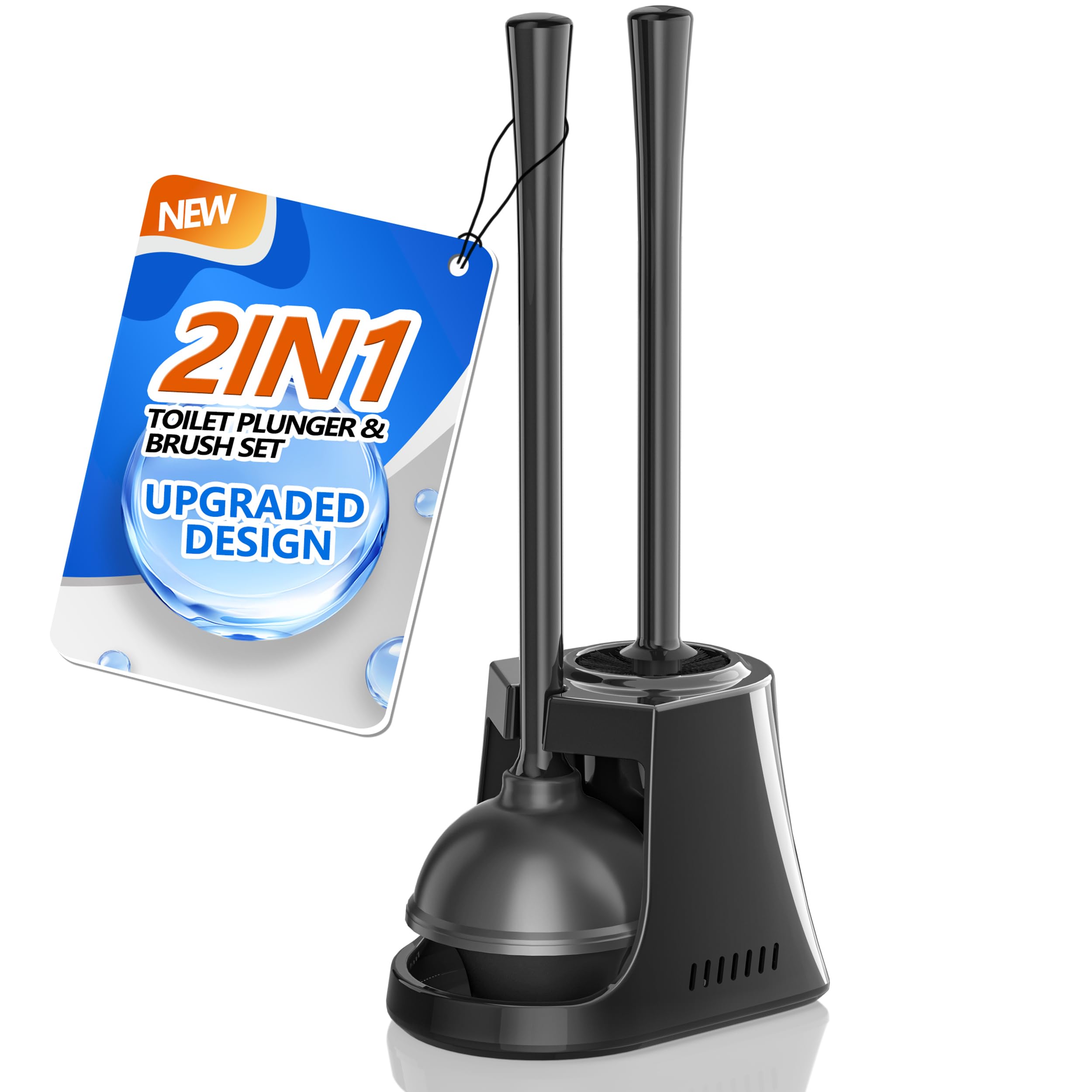 LOVLOY Toilet Plunger and Brush with Holder, Bowl Brush and Heavy Duty Toilet Plunger Set with Ventilated Holder, 2-in-1 Toilet Brush and Plunger Combo for 5.3-inch Toilet Drain New Pack (Black, 1)
