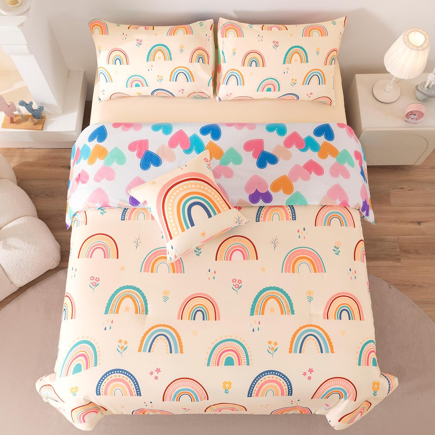 Rainbow Girls Bedding Set Full Size, Love Hearts Rainbow Comforter Set Full Bedding Sets for Girls Kids