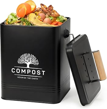 Perfnique Kitchen Compost Bin، 1.7 جالون كونترتوب كومبوست بن مع غطاء، صندوق السماد الداخلي يتضمن 2 مرشحات الكربون، دلو سماد صغير، صندوق نفايات الطعام للمطبخ مع أكياس القمامة أسود غير لامع