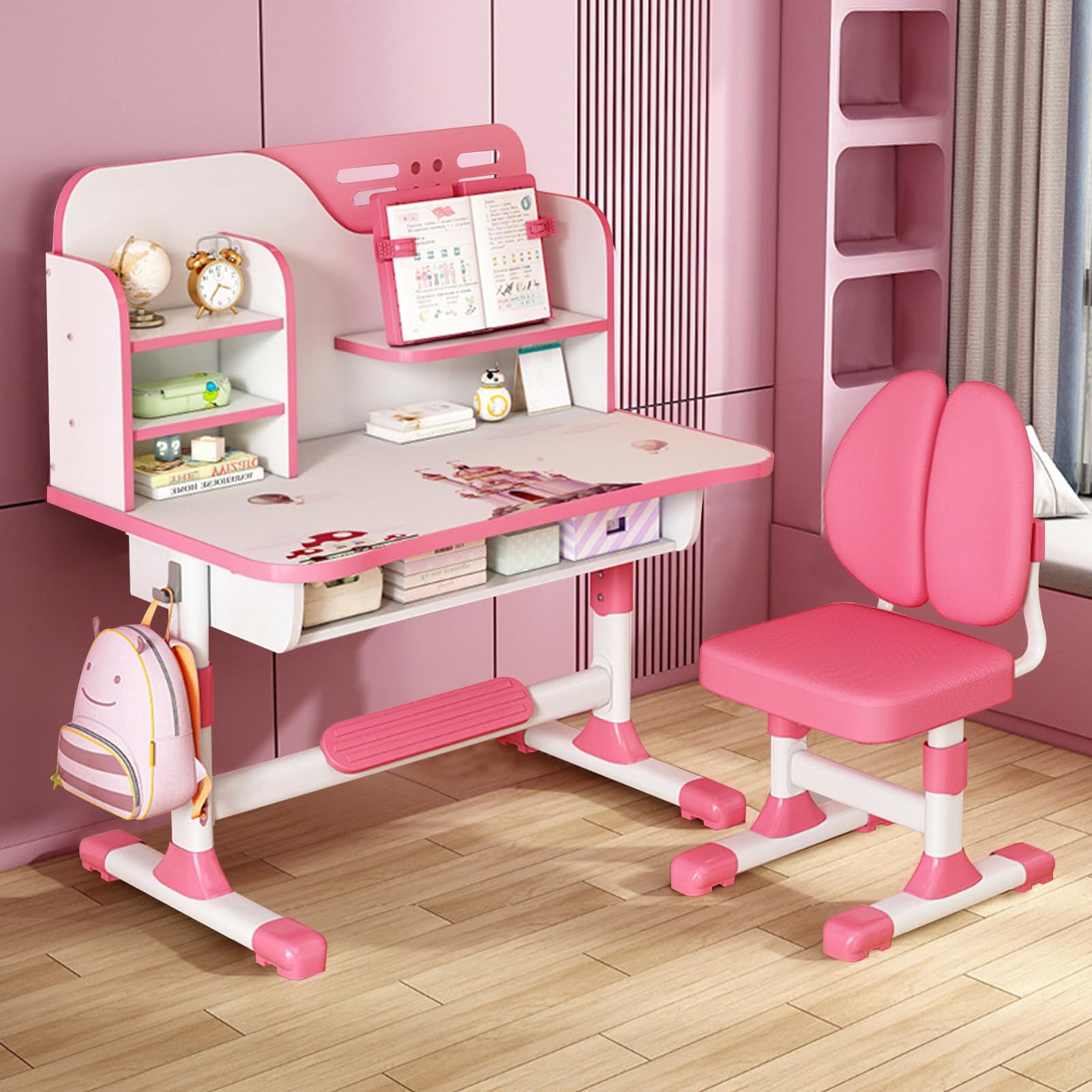 Scrivania E Sedia Regolabile Per Bambini - Set Multifunzione Con Cassetto, Blu/Grigio/Rosa - Foto 4