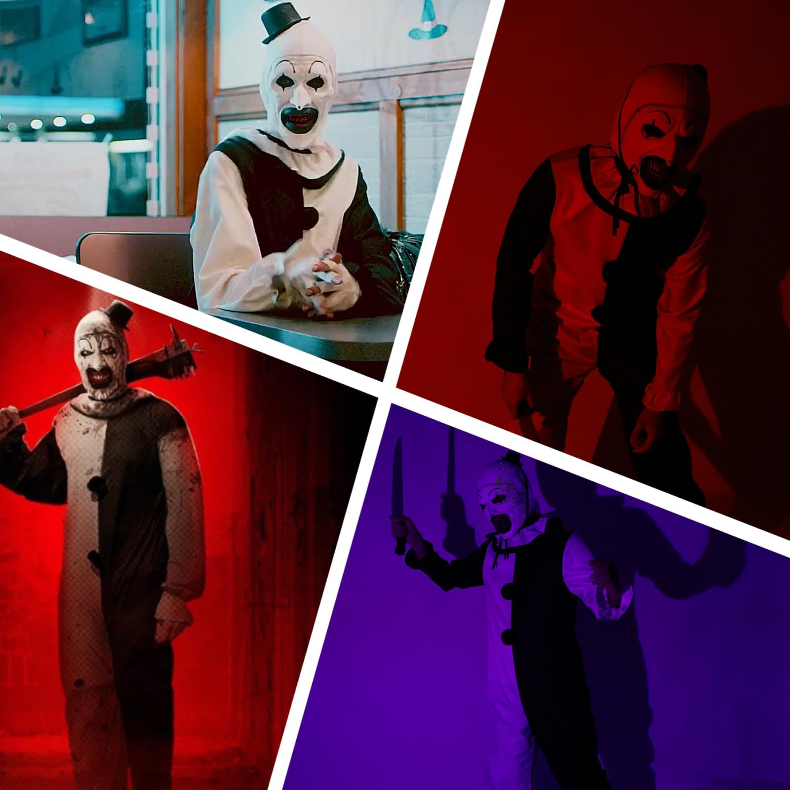 SINSEN Disfraz de terrifier para niños, disfraz de payaso artístico con máscara, cuchillo falso, guantes de juguete, disfraz de payaso asesino, disfraz de Halloween para niños y niñas de 4 a 12 años