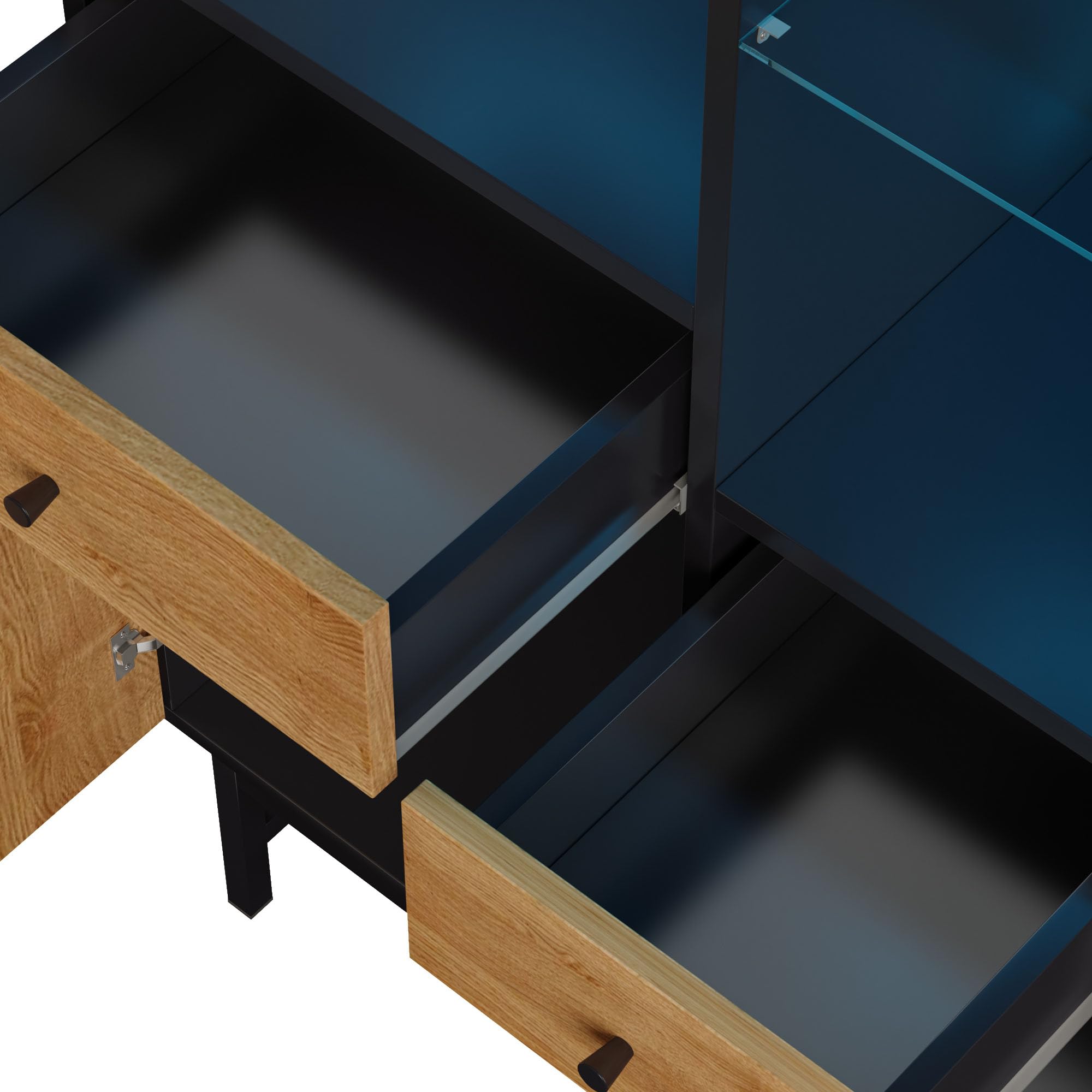 Idemon Vitrina con iluminación ambiental de 12 colores, armario de cocina con cajones y estantes de cristal, grano de madera triangular