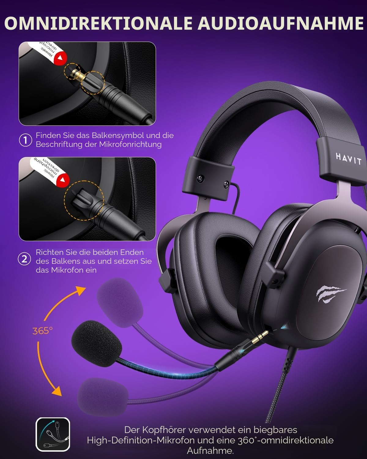 havit Gaming Headset mit Mikrofon - Gaming Kopfhörer [3,5mm Klinke für PC, Xbox und PlayStation] - Gamer Kopfhörer Over Ear [mit Noise Cancelling] - Metallic Schwarz