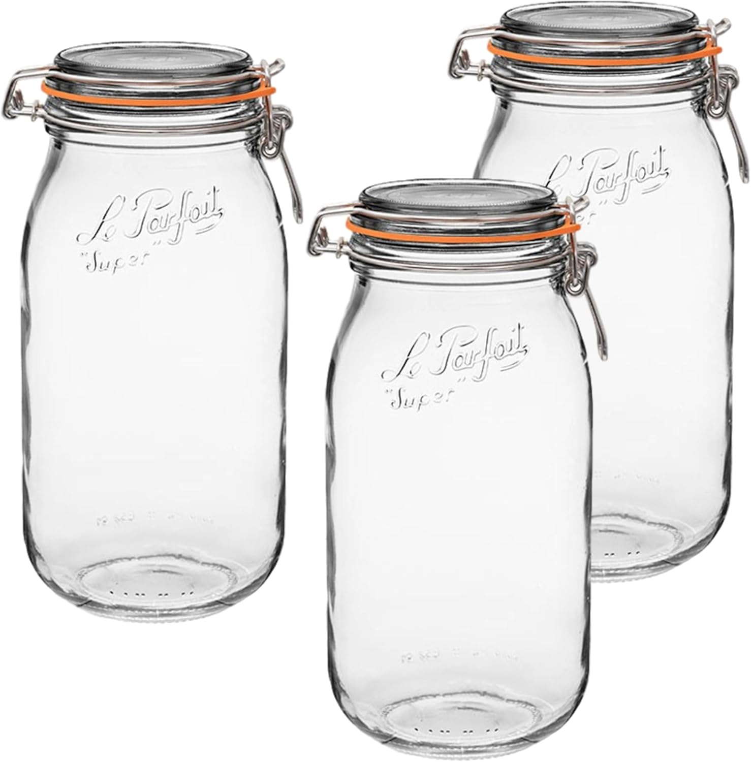 Le Parfait Super Jar 2L (64oz) French Glass Preserving Jar w/Airtight Rubber Seal & Wire Bail Closure - BPA-Free Canning Jar for Pickles, Fruits, Sauces & Food Storage - Made in France Since 1930 3PK