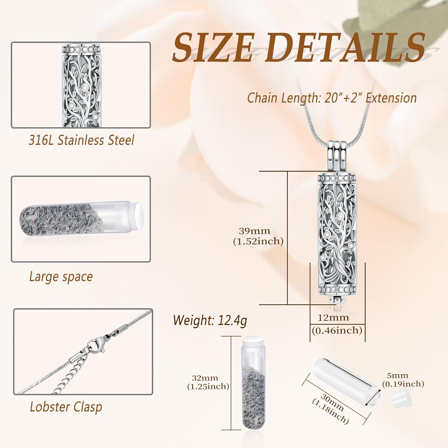 Minicremation Cremation Urn Pendant Necklace with Hollow Cylinder Vial Keepsake Urn Cremation Jewellery Memorial Lockets for Ashes for Women Men image 2