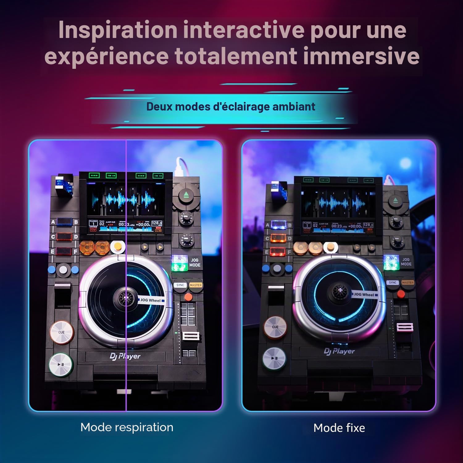 PANTASY Contrôleur DJ - Platine disque DJ - Kit de construction avec lecture de musique Bluetooth - Double modes d'éclairage - Support réglable - Modèle de décoration de bureau interactif pour enfants