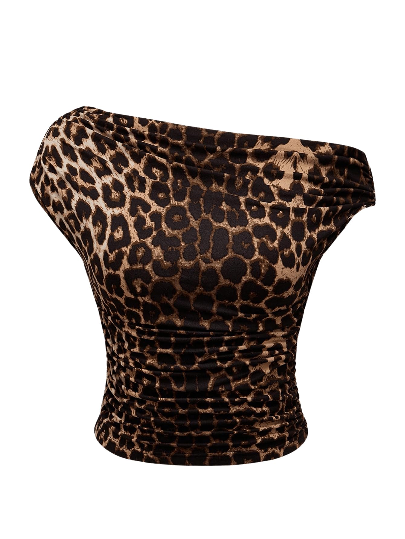 Floerns Women's Y2K Leopard Asymmetrical Neck T Shirt Sleeveless Cheetah Ruched Tee Shirts
