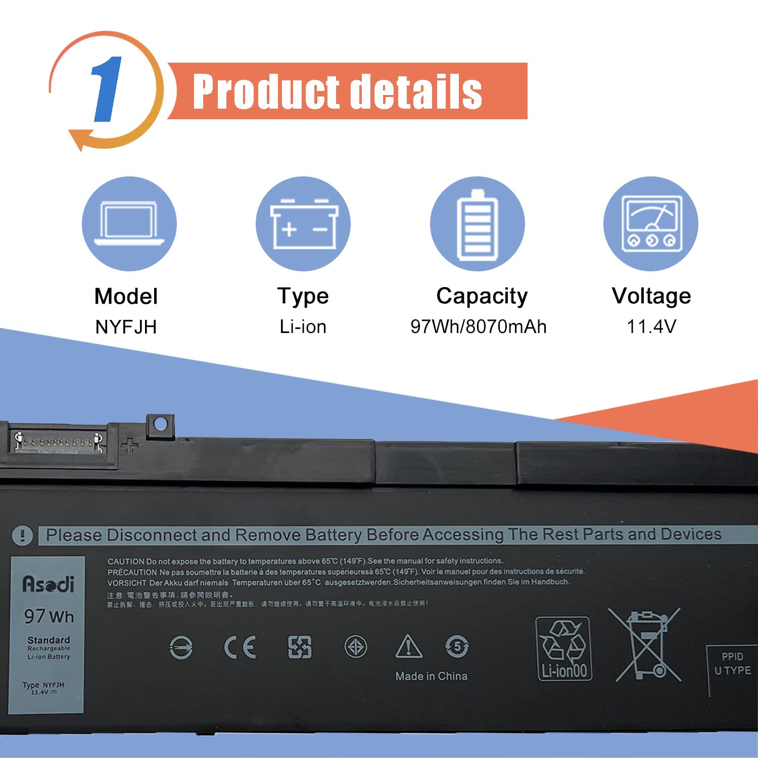 ASODI NYFJH 97Wh 6-Cell Laptop Battery Replacement for Dell Precision 7530 7730 7540 7740 P74F P34E Series 0NYFJH 0WMRC GW0K9 0NYFJH 11.4V