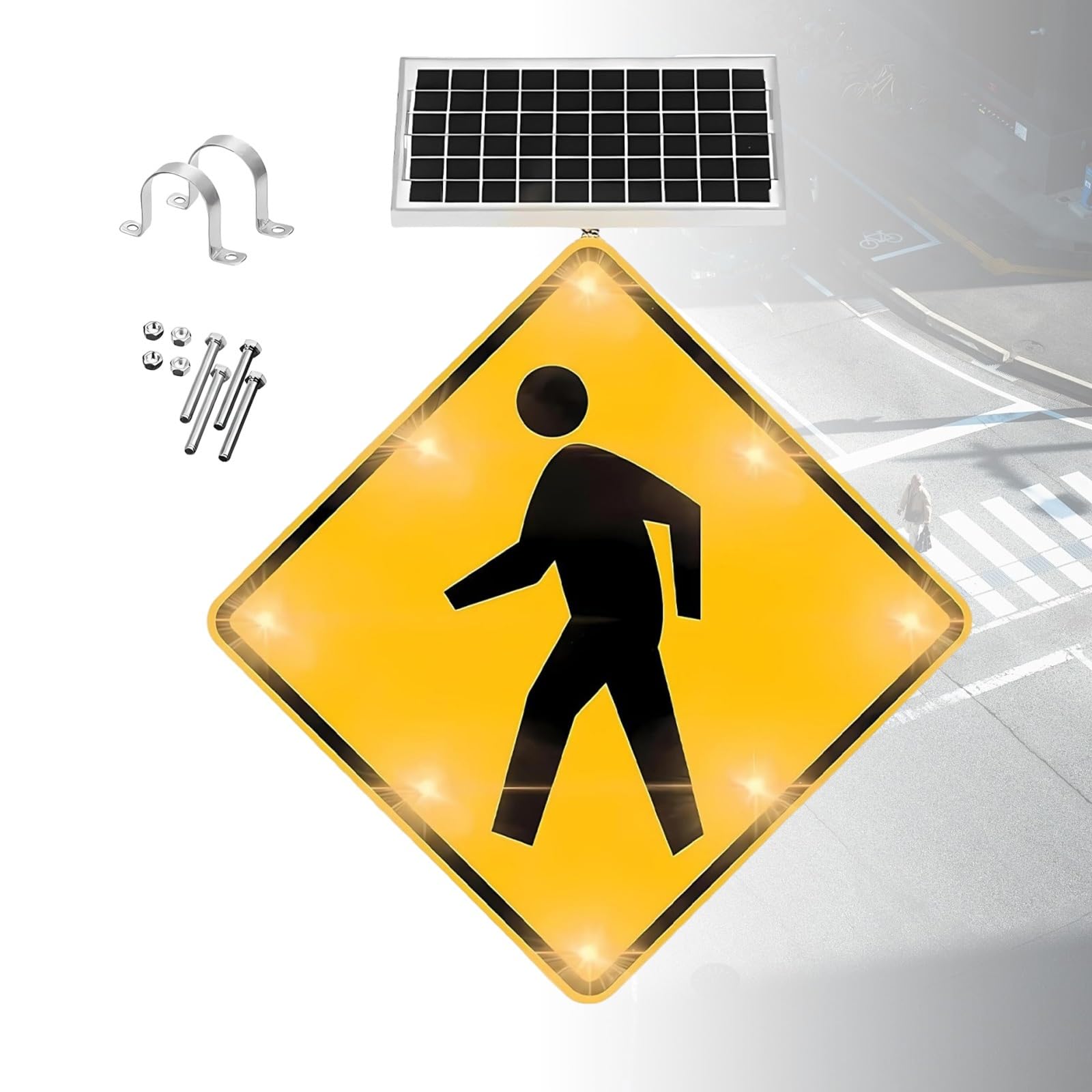Flashing LED Pedestrian Crossing Signage, 24"/32" Solar Powered Road Warning Semaphore, Reflective Aluminum Safety Board for Children Crossing & School Zones(32in)