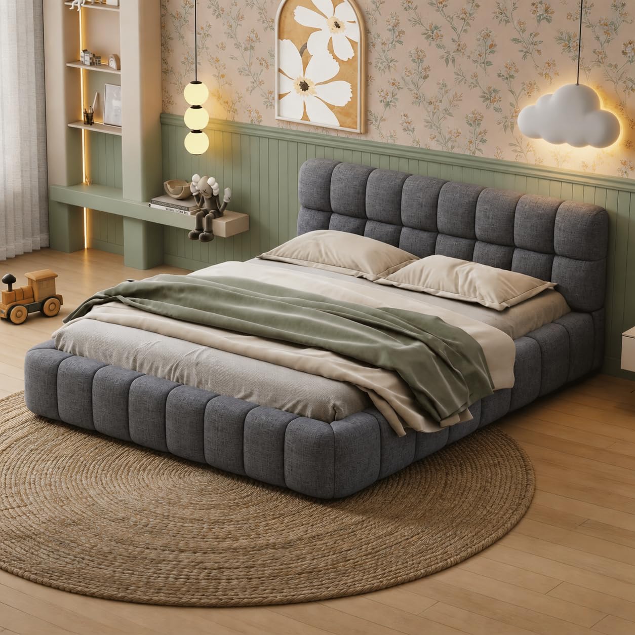 HYNHXBP Bubble Upholstered Double Bed Frame 135 x 190 cm with Padded Headboard, Low Platform Bed with Wooden Slatted Base, Linen Fabric Tufted Bedstead, Mattress Not Included (Gray, 135 x 190 cm)