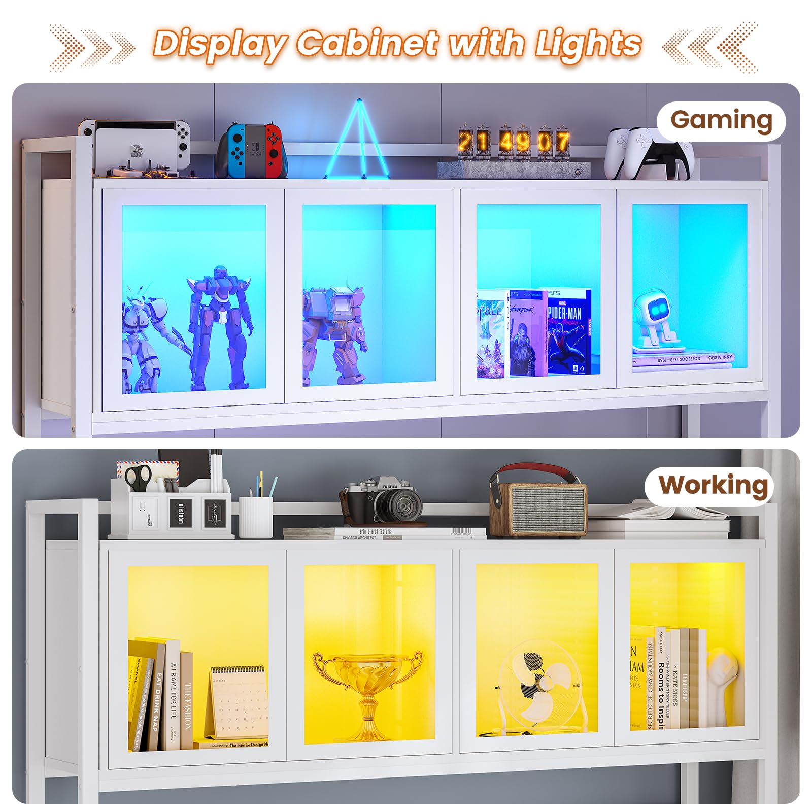 SEDETA L Shaped Gaming Desk with Drawers, L Shaped Computer Desk with Hutch and Storage Shelves, Gaming Desk with Pegboard, Led Lights, and Power Outlet, Home Office Desk, Corner Desk,