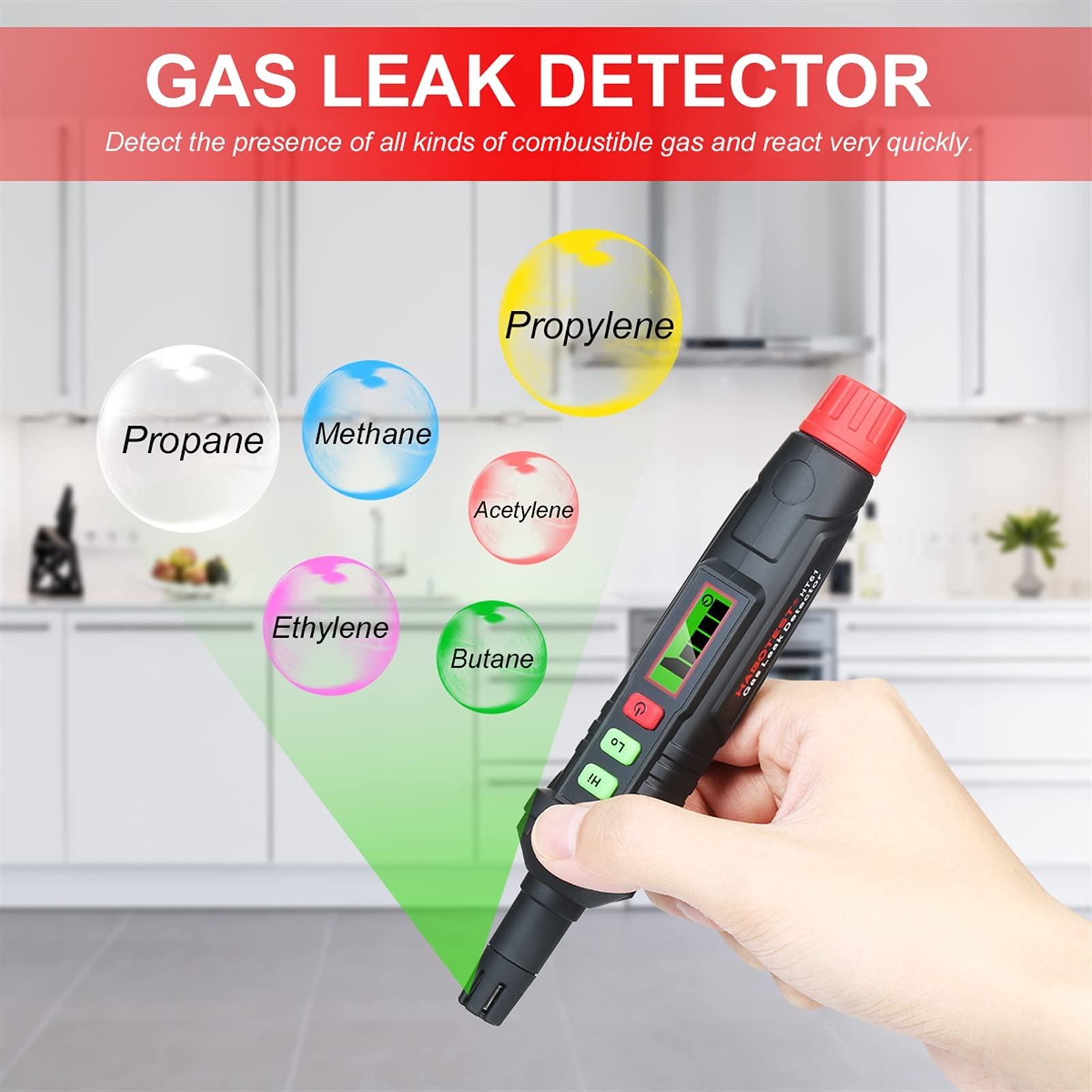 Detector de Gas, Alarma detectora de Fugas de Gas con Detector de Gas Combustible Audible y Visual Gases inflamables propano metano Gas Natural