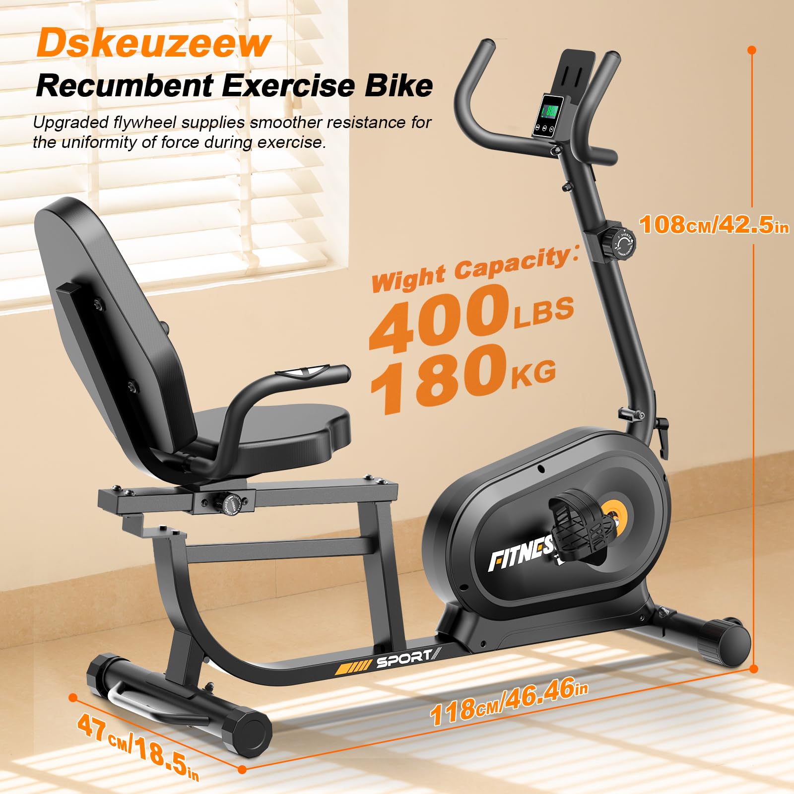 Dskeuzeew Liegeergometer für Zuhause mit verstellbaren Widerstandsstufen ergometer heimtrainer LCD-Display, Herzfrequenzsensoren und verstellbarer Rückenlehne 180 kg Belastbar