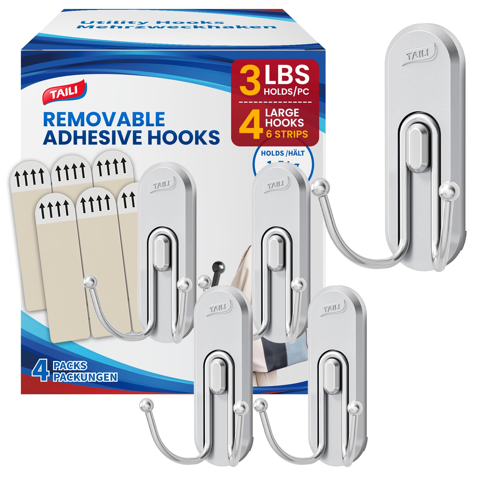 TAILI Adhesive Double Hooks for Hanging, 4 Coat Hooks &amp; 6 Strips, Silver