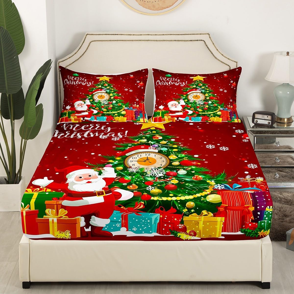 Christmas Bedding Set for Kids Girls Boys Santa Bell Fitted Sheet Present Boxes Fitted Sheet & Pillow Sham Set New Year Room Decor Xmas Tree Pine Snowflake Bed Cover No Flat Sheet Colorful Queen Size