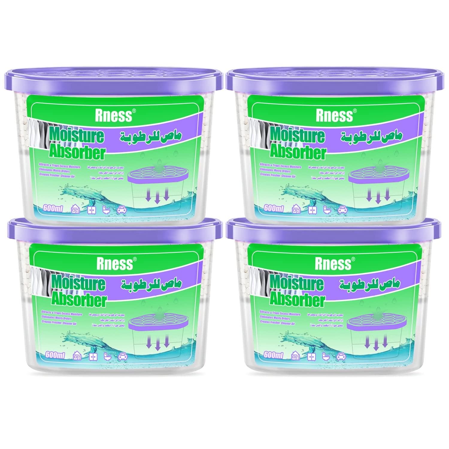 Rness Moisture Absorber Boxes,Mold-proof Deodorizing Desiccant Household Dehumidifier Boxes Fragrance-Free Humidity Absorber for Bathroom,Closet, Wardrobe, Kitchen, 4 Pack, 600ml