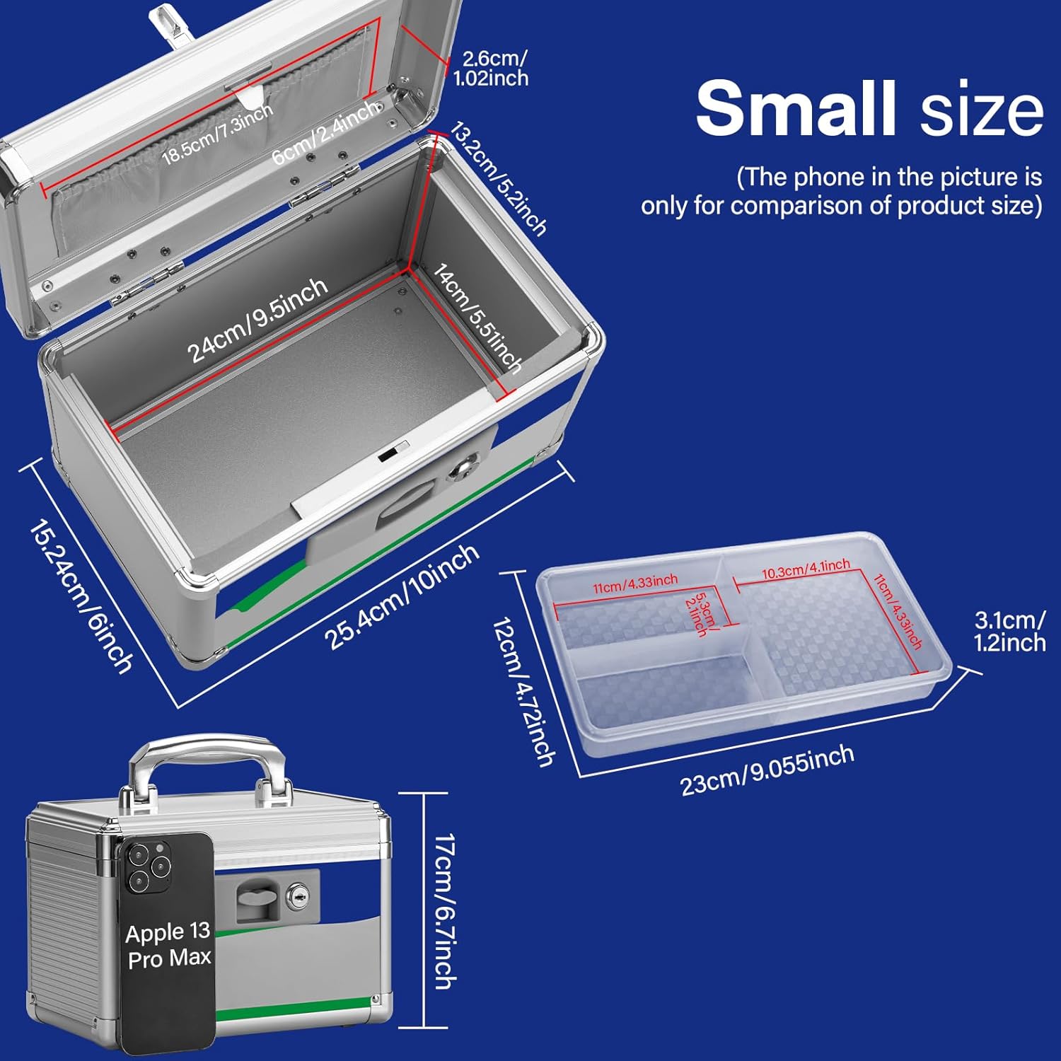 Medicine Lock Box for Safe Medication - 10 x 6 x 6.7 Inches - Lockable Storage Box for Drugs, First Aid Kit Empty, Lock Boxes with Key for Home/Outdoor (Blue/Small) Blue Small