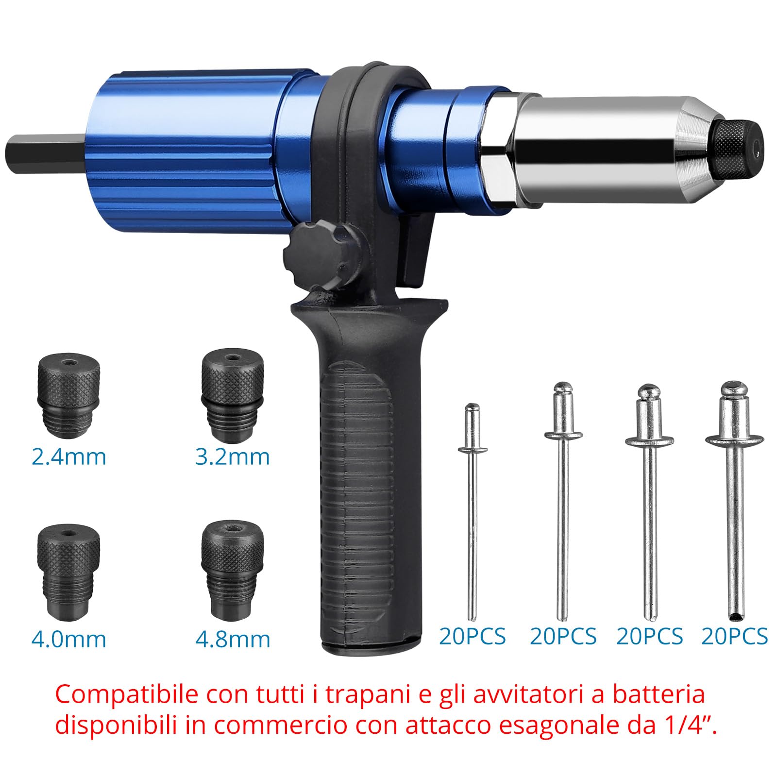 AUTOUTLET Rivetto per Trapano Avvitatore a Batteria, Adattatore Elettrico con 2,4/3,2/4,0/4,8 mm Naselli e 80 Rivetti Ciechi in Alluminio e Acciaio Inossidabile