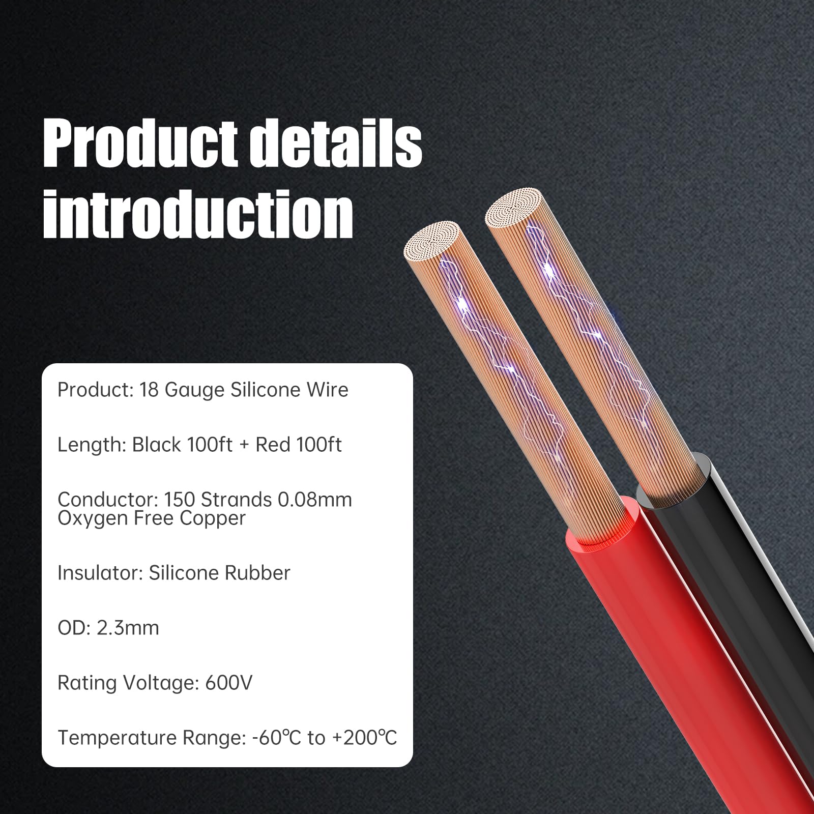 Alambre de calibre 18 100 % cobre y silicona, 100 pies negro + 300 pies rojo, cable eléctrico trenzado flexible de 18 AWG para automoción, batería, UAV, motor, energía solar | nominal 600 V 200 ℃