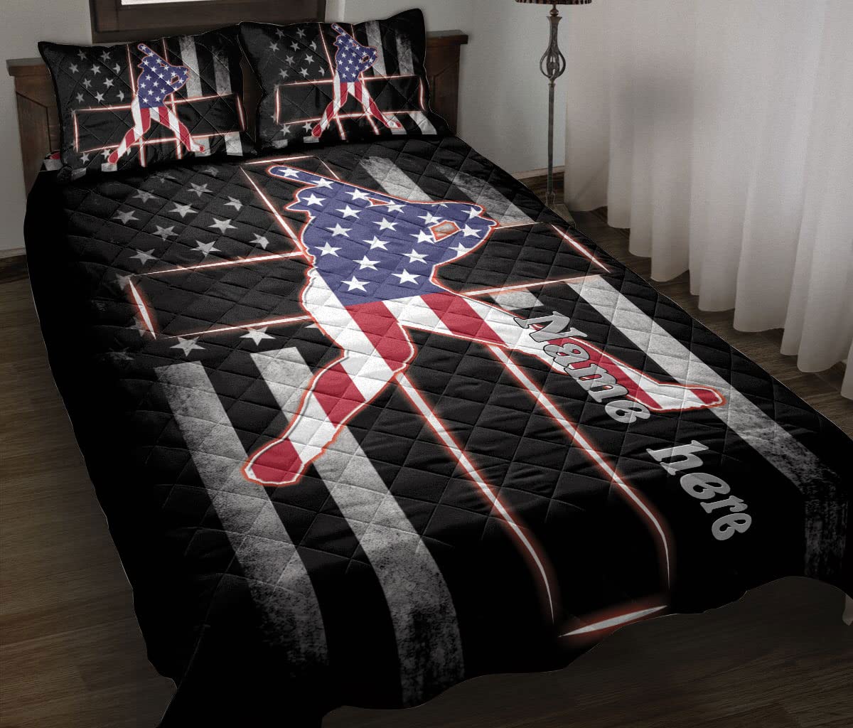 OhaPrints Custom Baseball Batter Christian Jesus Cross American Us Flag Personalized Name Quilt Blanket & Pillowcases, Bedding Set & Pillow Cover,