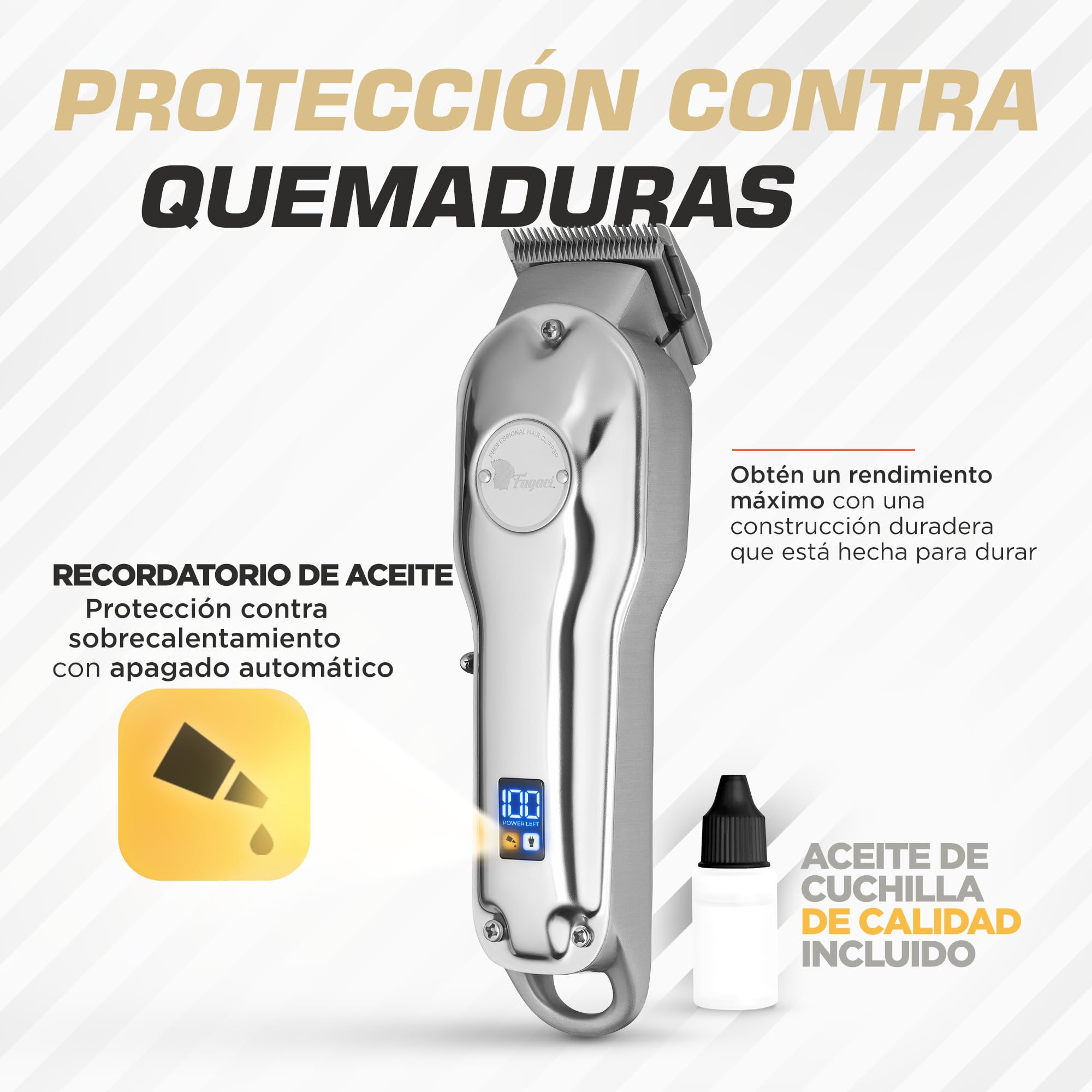 Fagaci Maquina de Cortar Pelo Hombre Profesional, Acero 440C Kit Barbero | Cortapelos inalámbrica de acero 440C con motor potente, 5 horas de batería, Incluye 8 guías, aceite, cepillo y cable USB
