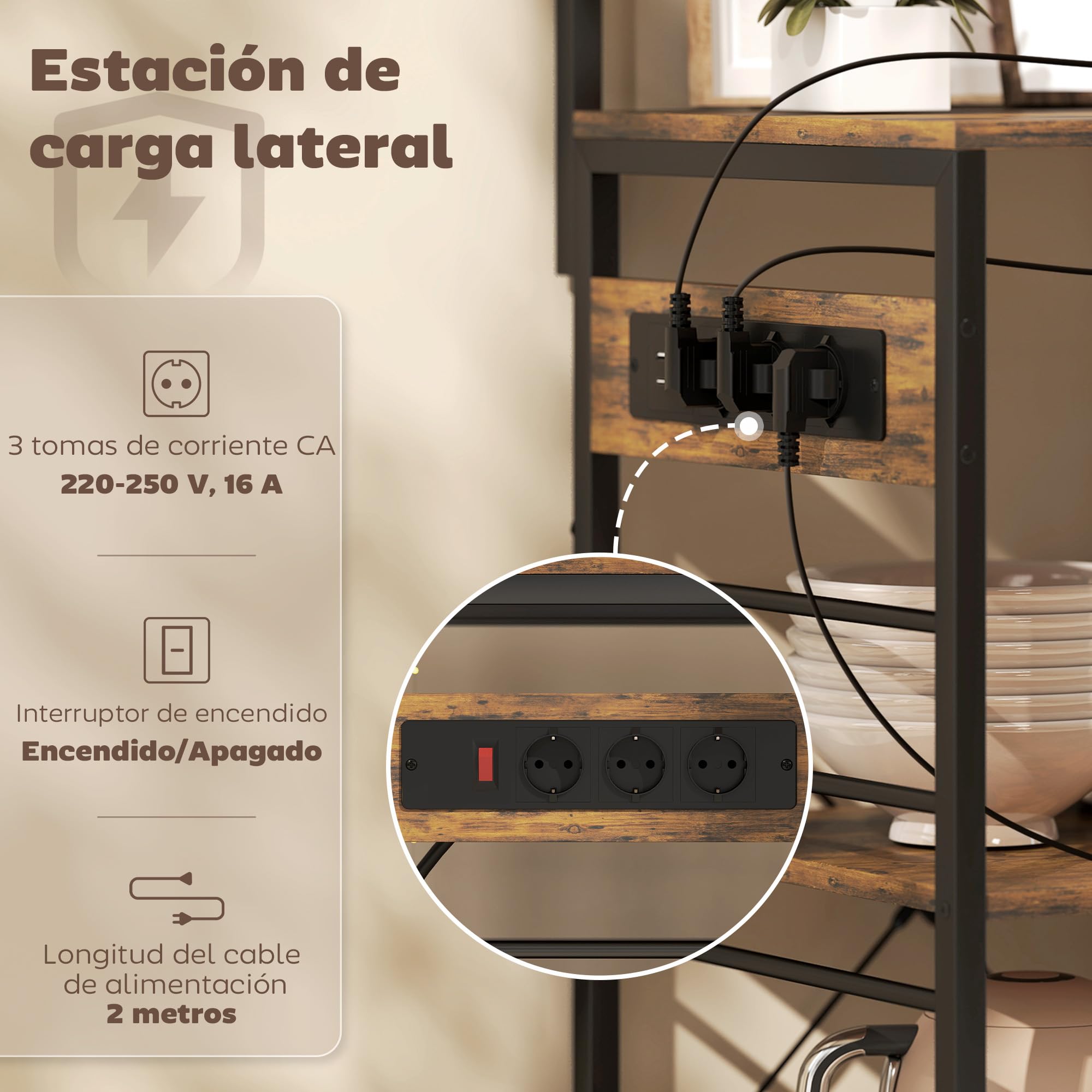 HOMCOM Estantería de Cocina con Tres Enchufes y Luces LED, Estantería de Panadería Industrial con Estantes para Microondas, Cesta de Malla Metálica, 10 Ganchos, Barra 80x42x162 cm, Marrón Rústico