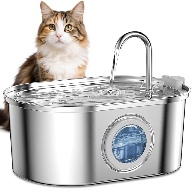 AQXONG Fuente de Agua para Mascotas de Acero Inoxidable, 3.2L Bebedero para Gatos, Filtrado Múltiple