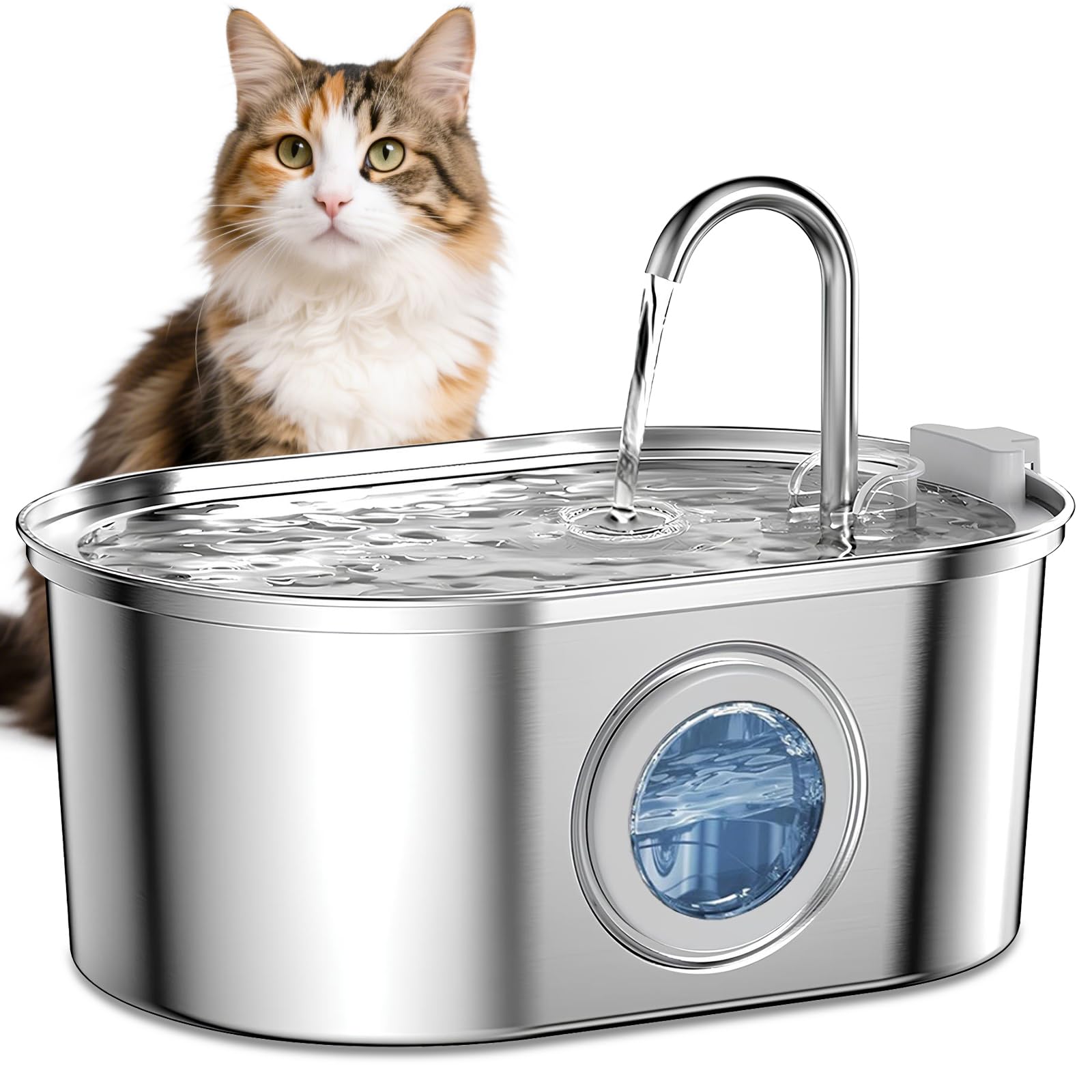 AQXONG Fuente de Agua para Mascotas de Acero Inoxidable, 3.2L Bebedero para Gatos, Filtrado Múltiple, Fuente de Agua para Gatos Ultra Silenciosa con Luz LED, 4 Elementos Filtrantes+2 Algodón Filtrante