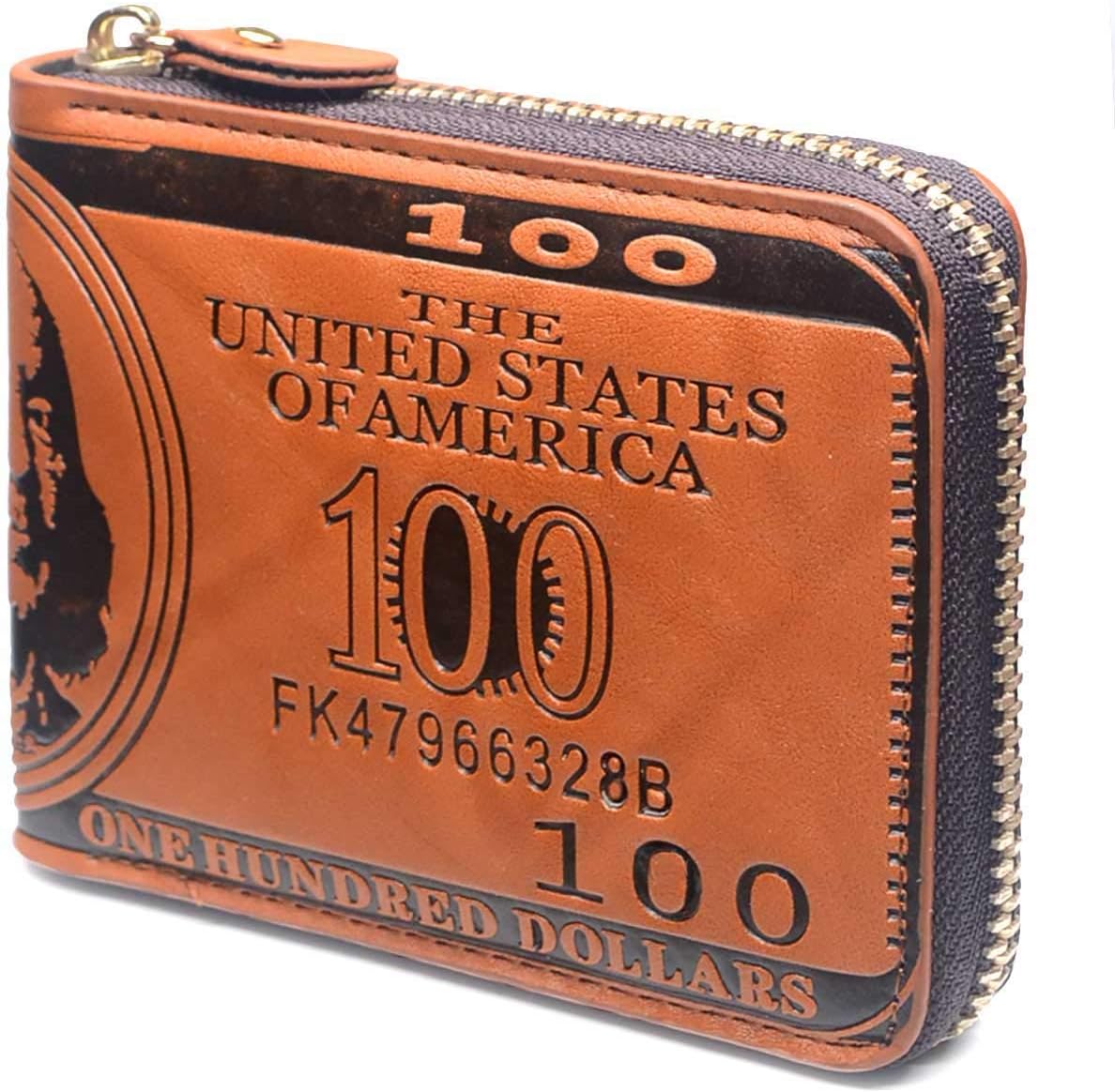 Mens US Dollar Bill Zip Around Bifold Wallet Leahter Card Credit Holder (Brown)